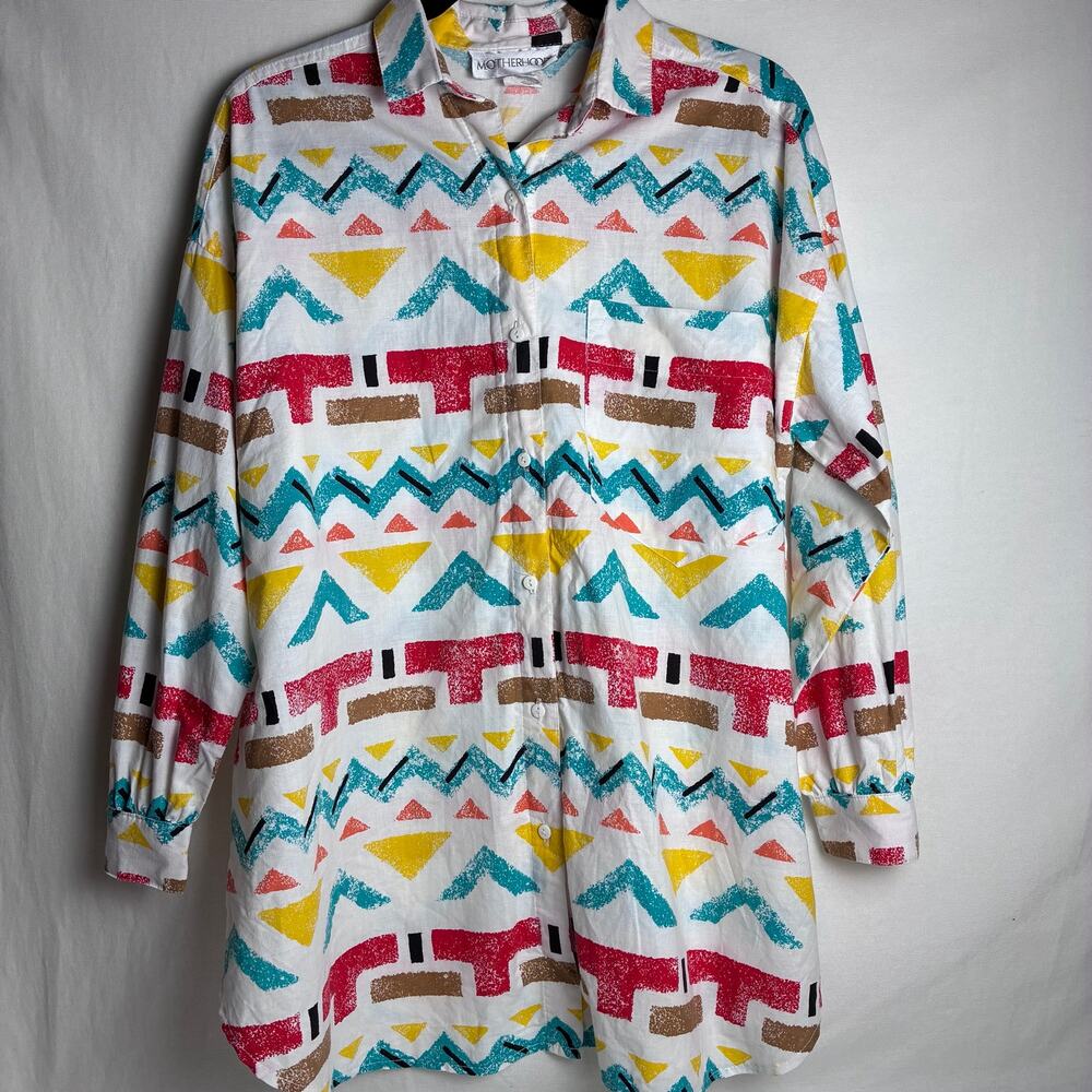 Vintage 80s Motherhood Abstract Geometric Oversized Shirt M Memphis Southwestern